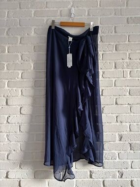 Bleu Rod Beattie Navy Long Ruffle Wrap Sarong Coverup, Size Medium.